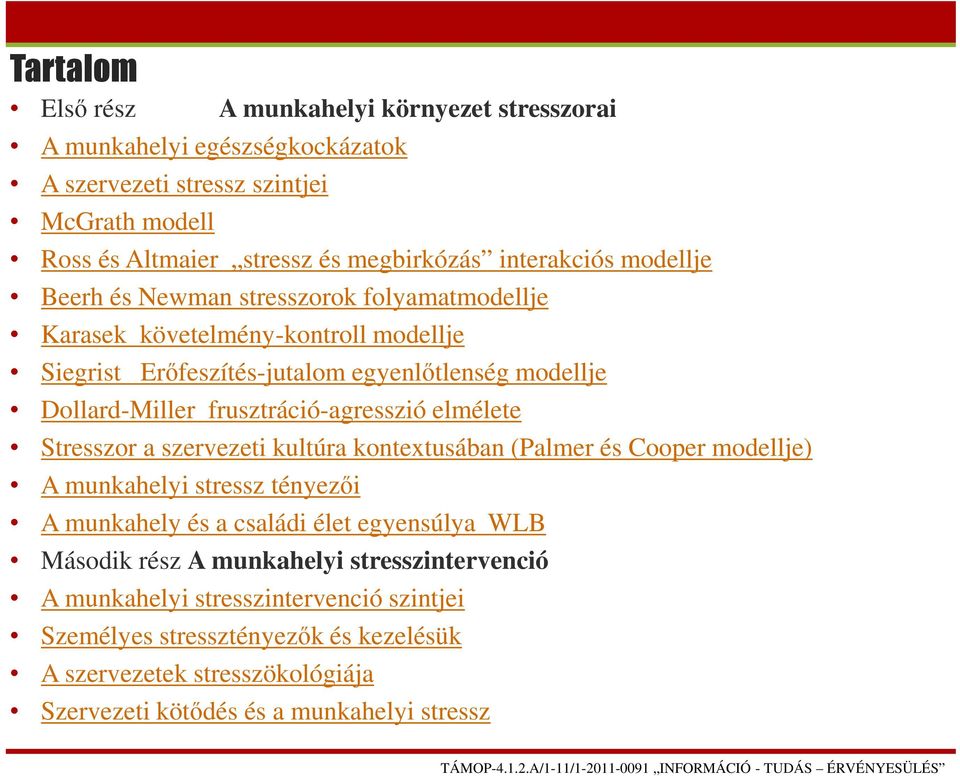 frusztráció-agresszió elmélete Stresszor a szervezeti kultúra kontextusában (Palmer és Cooper modellje) A munkahelyi stressz tényezői A munkahely és a családi élet egyensúlya WLB