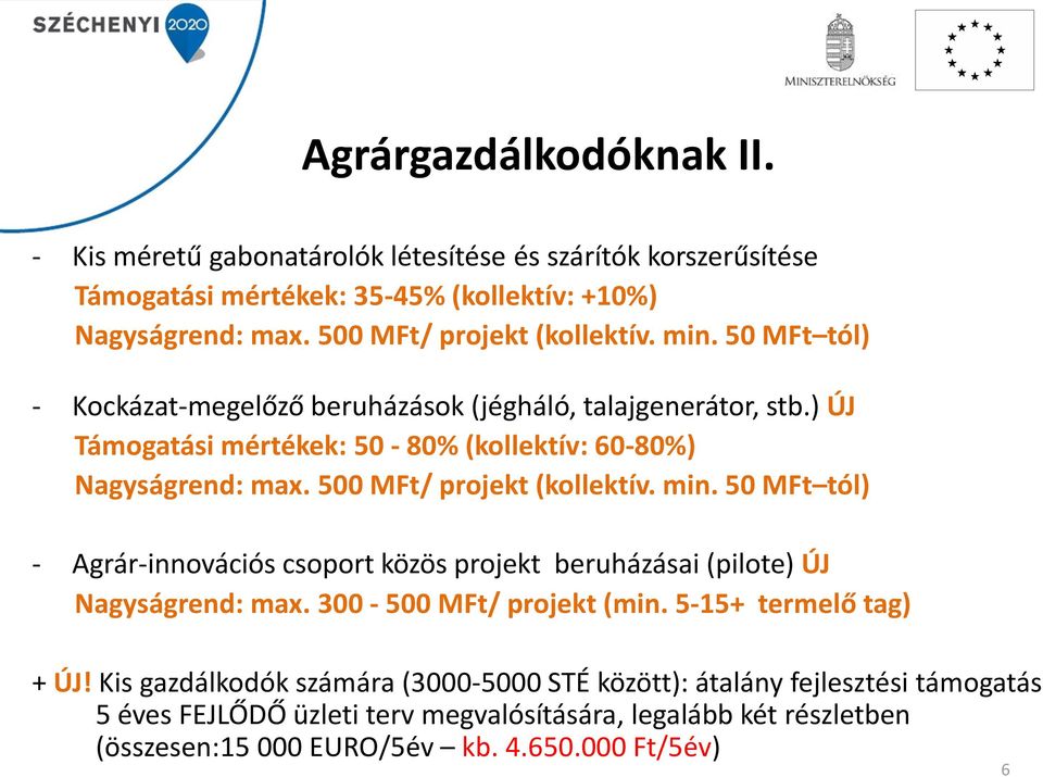 ) ÚJ Támogatási mértékek: 50-80% (kollektív: 60-80%) Nagyságrend: max. 500 MFt/ projekt (kollektív. min.