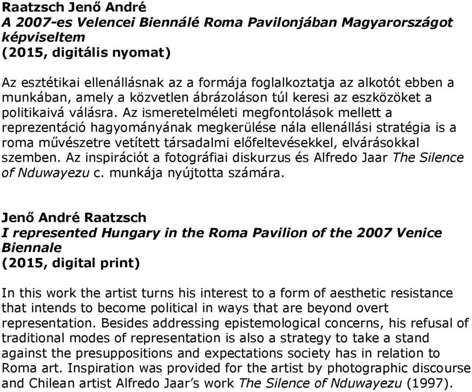 Az ismeretelméleti megfontolások mellett a reprezentáció hagyományának megkerülése nála ellenállási stratégia is a roma művészetre vetített társadalmi előfeltevésekkel, elvárásokkal szemben.