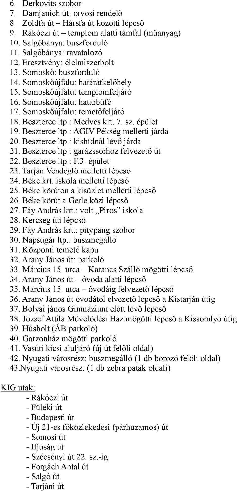 Beszterce ltp.: Medves krt. 7. sz. épület 19. Beszterce ltp.: AGIV Pékség melletti járda 20. Beszterce ltp.: kishídnál lévő járda 21. Beszterce ltp.: garázssorhoz felvezető út 22. Beszterce ltp.: F.3.