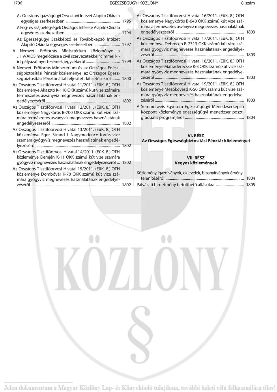 .. 1797 A Nemzeti Erõforrás Minisztérium közleménye a HIV/AIDS megelõzése a civil szervezetekkel címmel kiírt pályázat nyerteseinek jegyzékérõl.