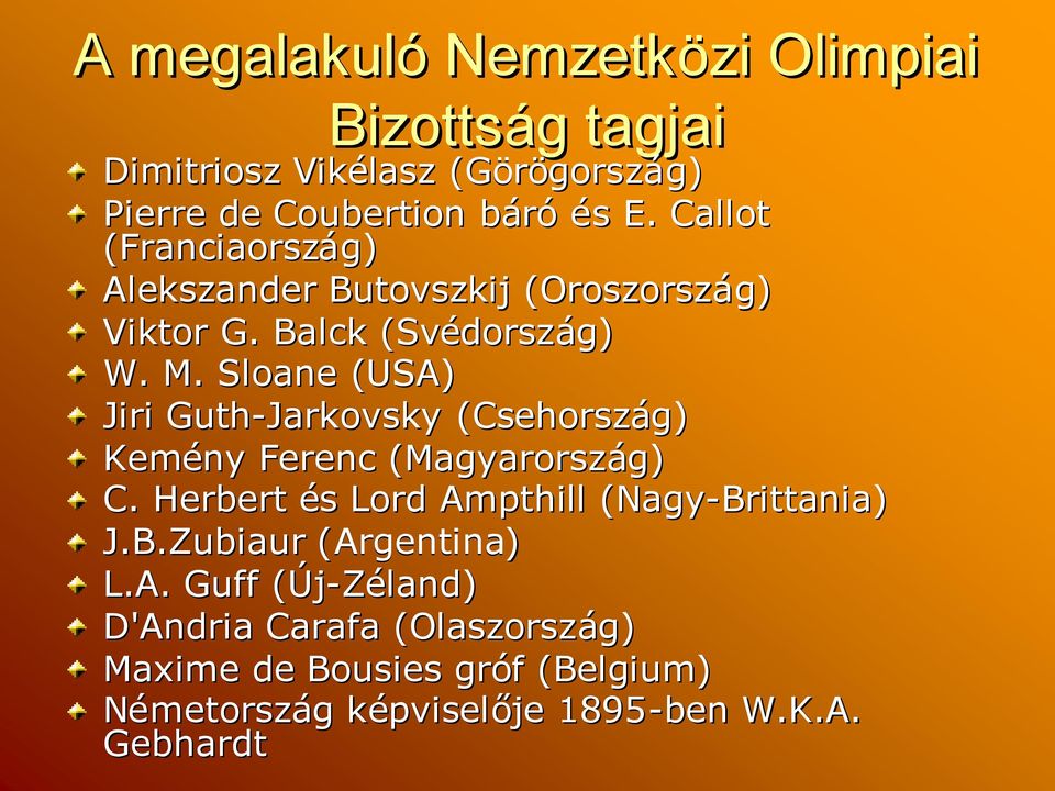 Sloane (USA) Jiri Guth-Jarkovsky (Csehország) Kemény Ferenc (Magyarország) g) C. Herbert éss Lord Ampthill (Nagy-Br