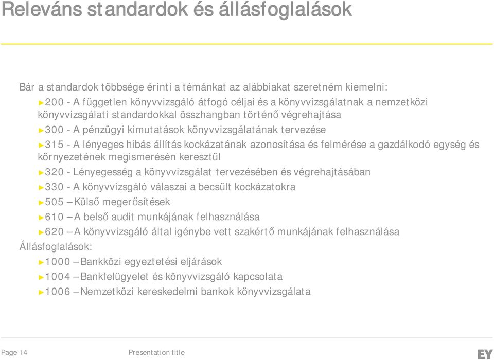 gazdálkodó egység és környezetének megismerésén keresztül 320 - Lényegesség a könyvvizsgálat tervezésében és végrehajtásában 330 - A könyvvizsgáló válaszai a becsült kockázatokra 505 Külső