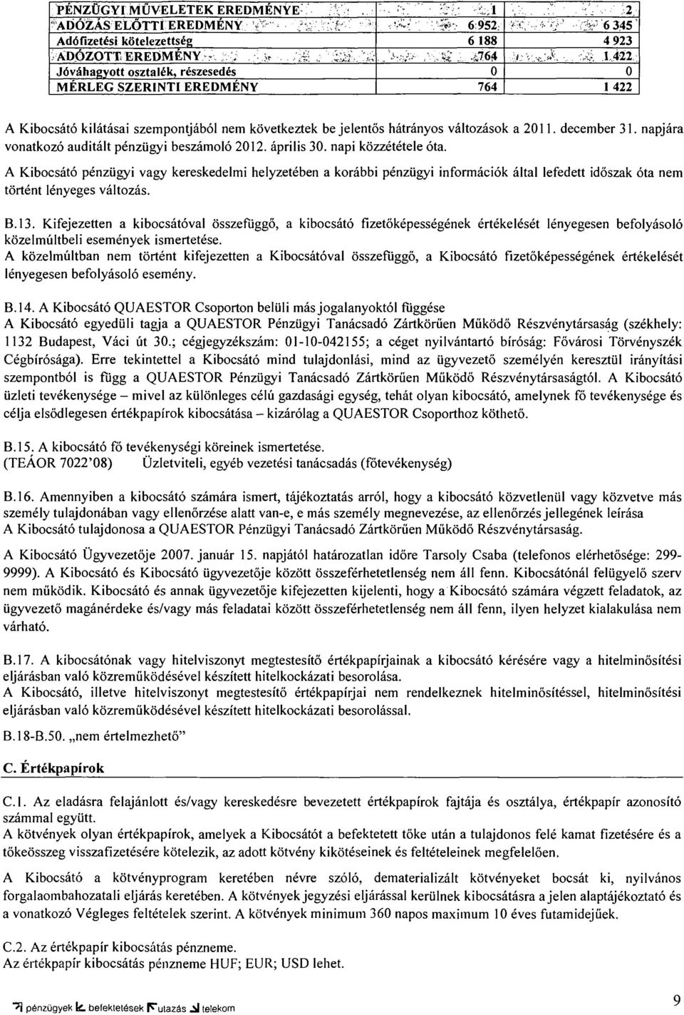 napjára vonatkozó auditált pénzügyi beszámoló 2012. április 30. napi közzététele óta.