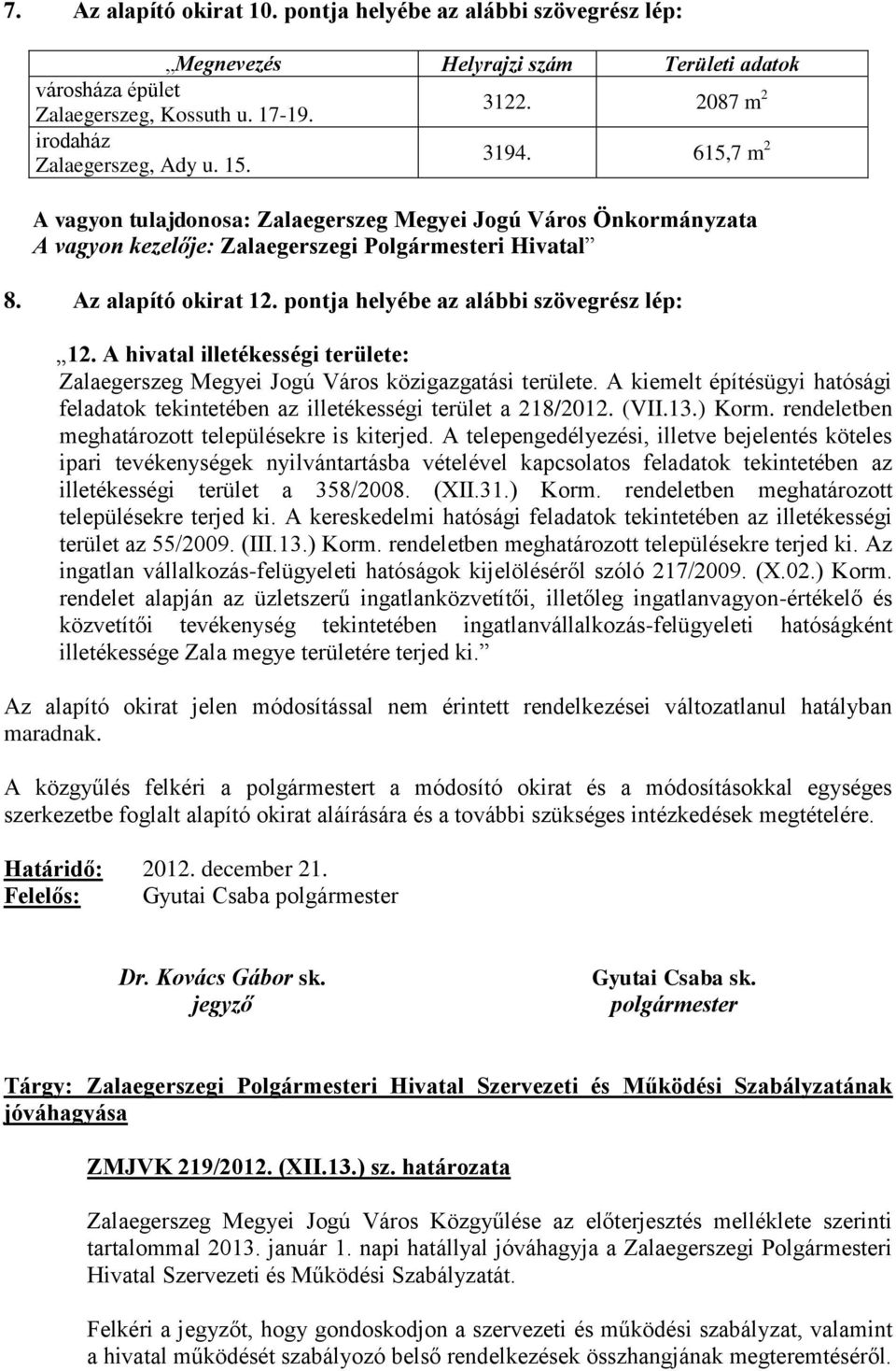 Az alapító okirat 12. pontja helyébe az alábbi szövegrész lép: 12. A hivatal illetékességi területe: Zalaegerszeg Megyei Jogú Város közigazgatási területe.