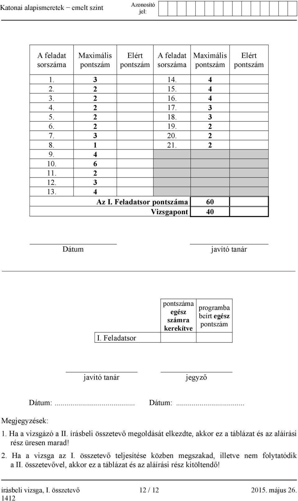 Feladatsor pontszáma egész számra kerekítve programba beírt egész pontszám javító tanár jegyző Dátum:... Dátum:... Megjegyzések: 1. Ha a vizsgázó a II.