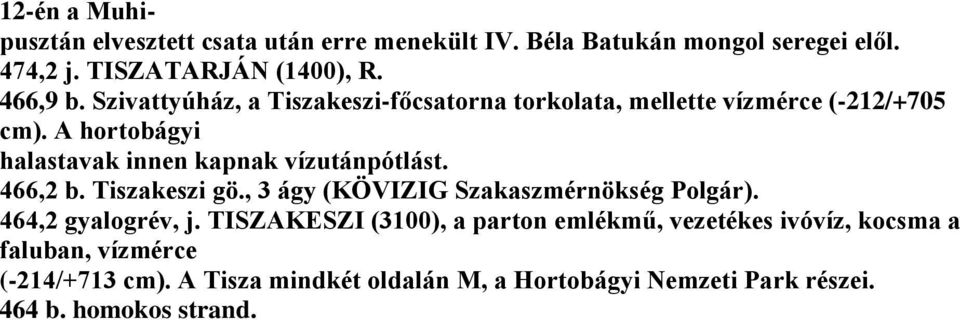 466,2 b. Tiszakeszi gö., 3 ágy (KÖVIZIG Szakaszmérnökség Polgár). 464,2 gyalogrév, j.