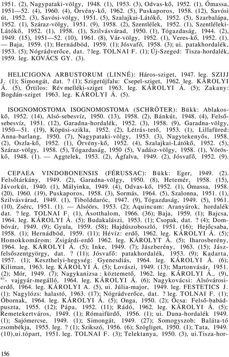 (1), Tógazdaság, 1944. (2), 1949. (15), 1951 52. (10), 1961. (8), Vár-völgy, 1952. (1), Veres-kő, 1952. (1). Baja, 1959. (1); Hernádböd, 1959. (1); Jósvafő, 1958. (3); ui. patakhordalék, 1953.