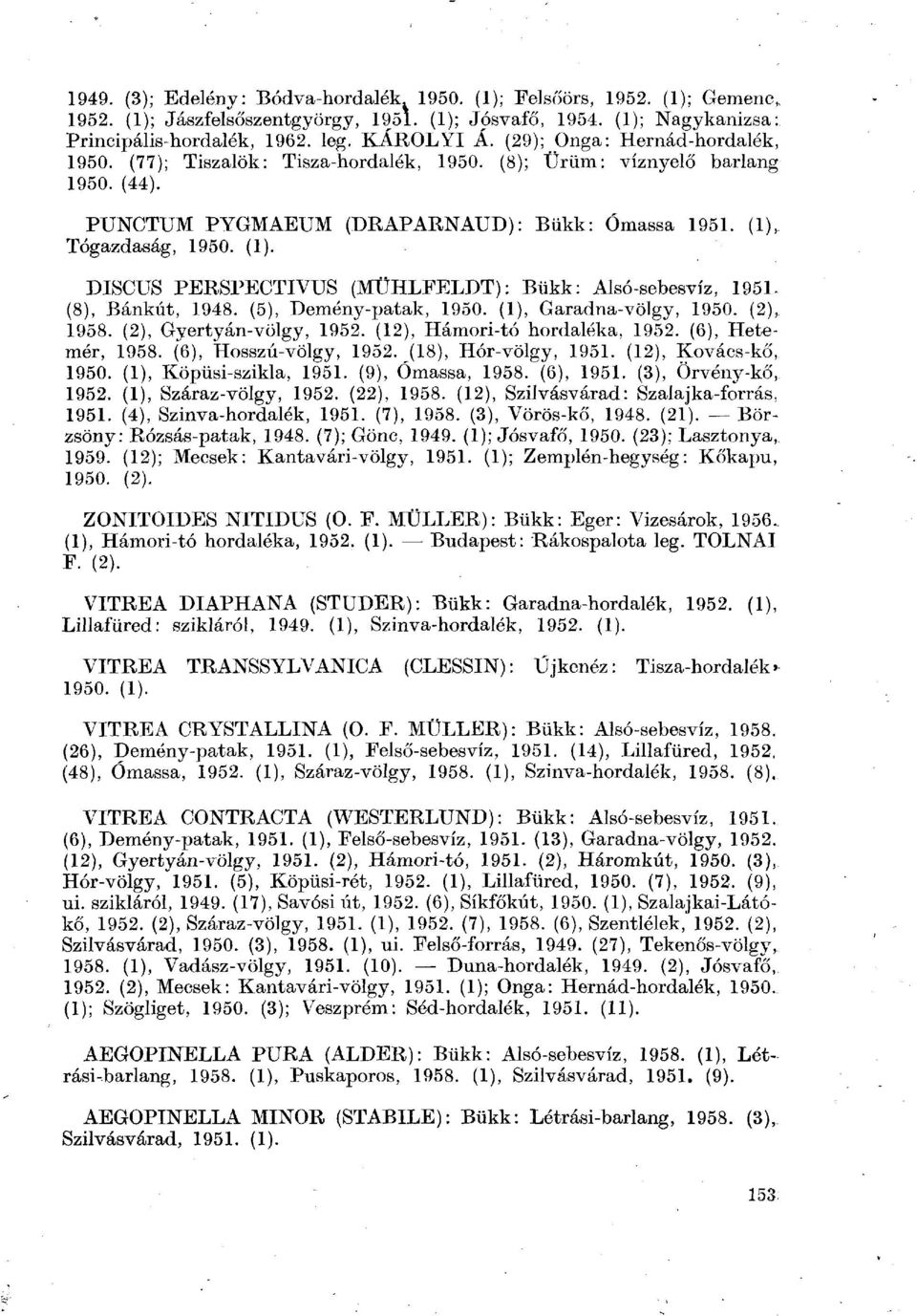 Tógazdaság, 1950. (1). DISCUS PERSPECTIVUS (MÜHLFELDT): Bükk: Alsó-sebesvíz, 1951. (8), Bánkút, 1948. (5), Demény-patak, 1950. (1), Garadna-völgy, 1950. (2), 1958. (2), Gyertyán-völgy, 1952.