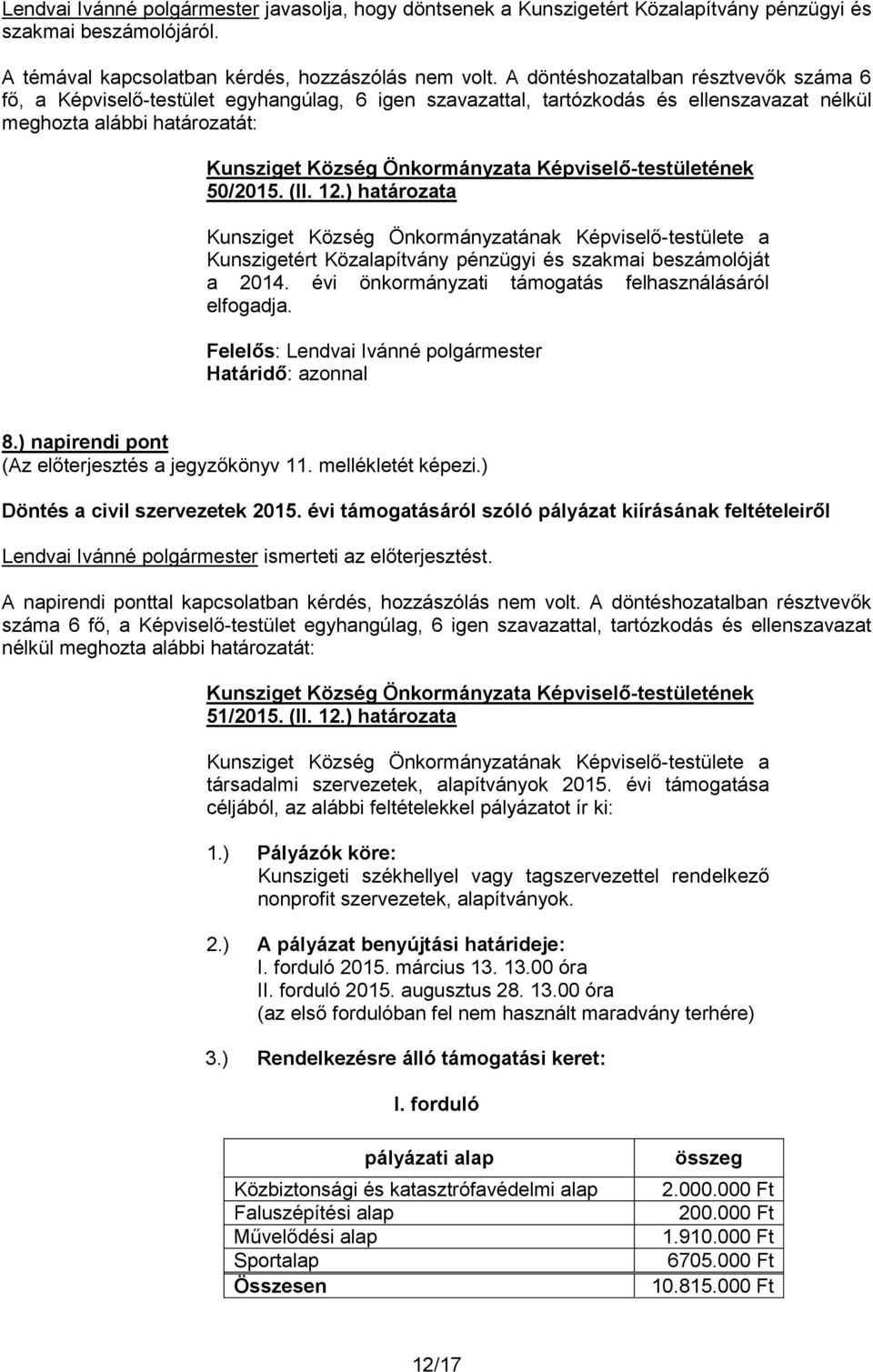 mellékletét képezi.) Döntés a civil szervezetek 2015. évi támogatásáról szóló pályázat kiírásának feltételeiről Lendvai Ivánné polgármester ismerteti az előterjesztést.