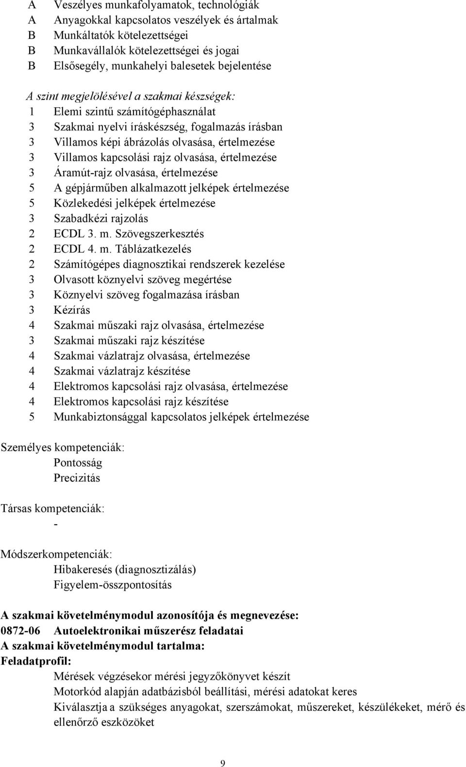 kapcsolási rajz olvasása, értelmezése 3 Áramútrajz olvasása, értelmezése 5 A gépjárműben alkalmazott jelképek értelmezése 5 Közlekedési jelképek értelmezése 3 Szabadkézi rajzolás 2 ECDL 3. m.