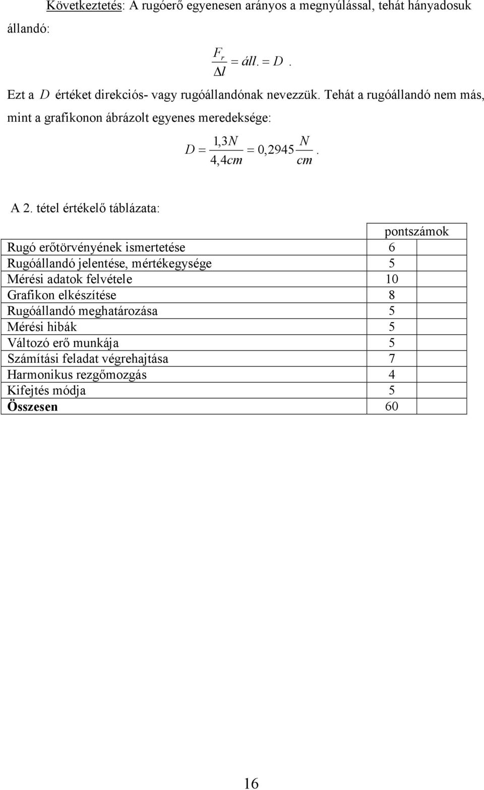 Tehát a rugóállandó nem más, mint a grafikonon ábrázolt egyenes meredeksége: 1,3 N N D= = 0, 945. 4,4cm cm A.