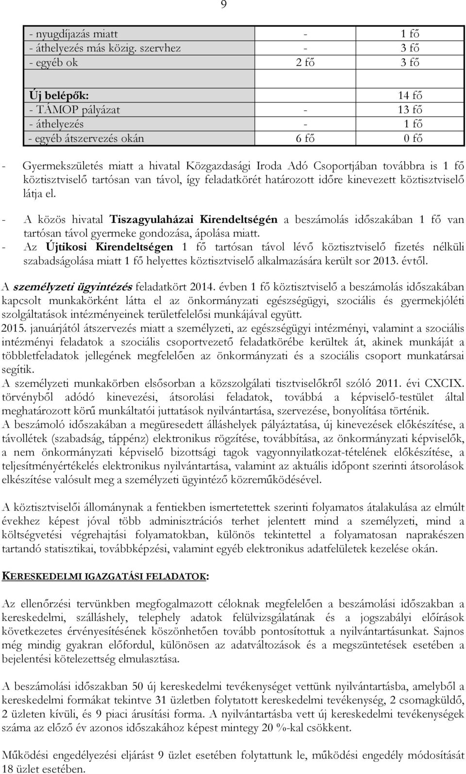 Csoportjában továbbra is 1 fı köztisztviselı tartósan van távol, így feladatkörét határozott idıre kinevezett köztisztviselı látja el.