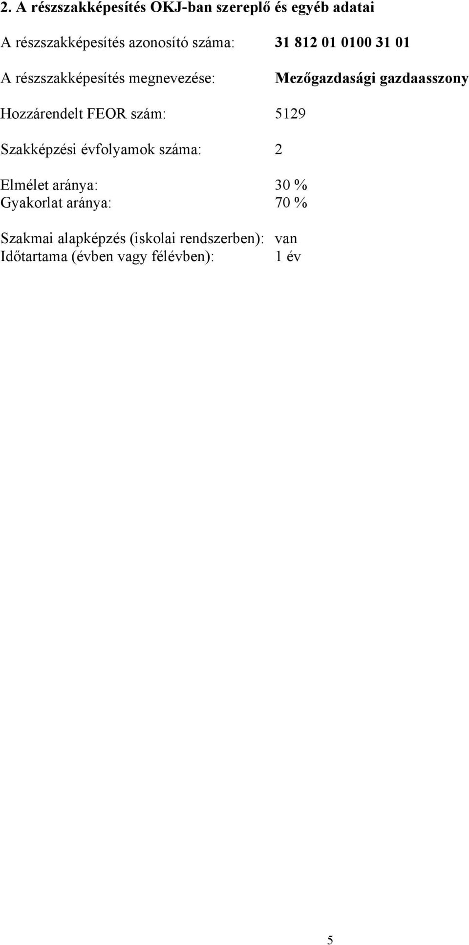 Hozzárendelt FEOR szám: 5129 Szakképzési évfolyamok száma: 2 Elmélet aránya: 30 % Gyakorlat