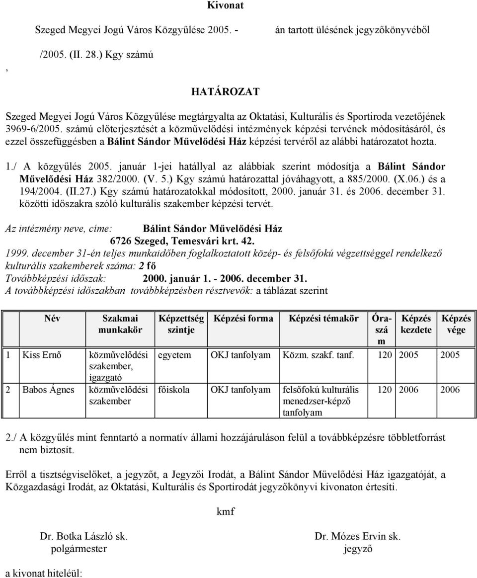 / A közgyűlés 2005. január 1-jei hatállyal az alábbiak szerint módosítja a Bálint Sándor Művelődési Ház 382/2000. (V. 5.) Kgy számú határozattal jóváhagyott, a 885/2000. (X.06.) és a 194/2004. (II.27.
