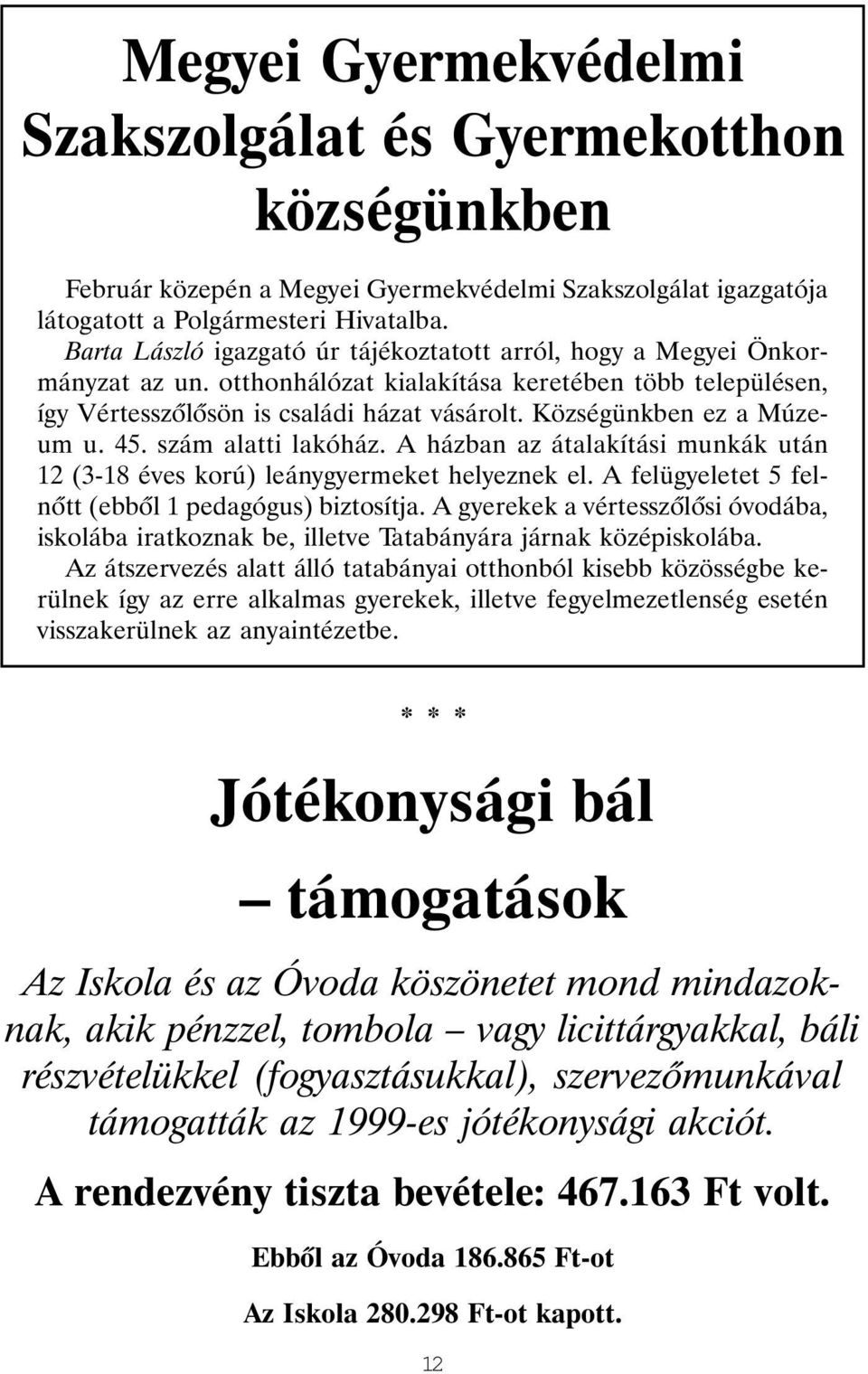 Községünkben ez a Múzeum u. 45. szám alatti lakóház. A házban az átalakítási munkák után 12 (3-18 éves korú) leánygyermeket helyeznek el. A felügyeletet 5 felnõtt (ebbõl 1 pedagógus) biztosítja.