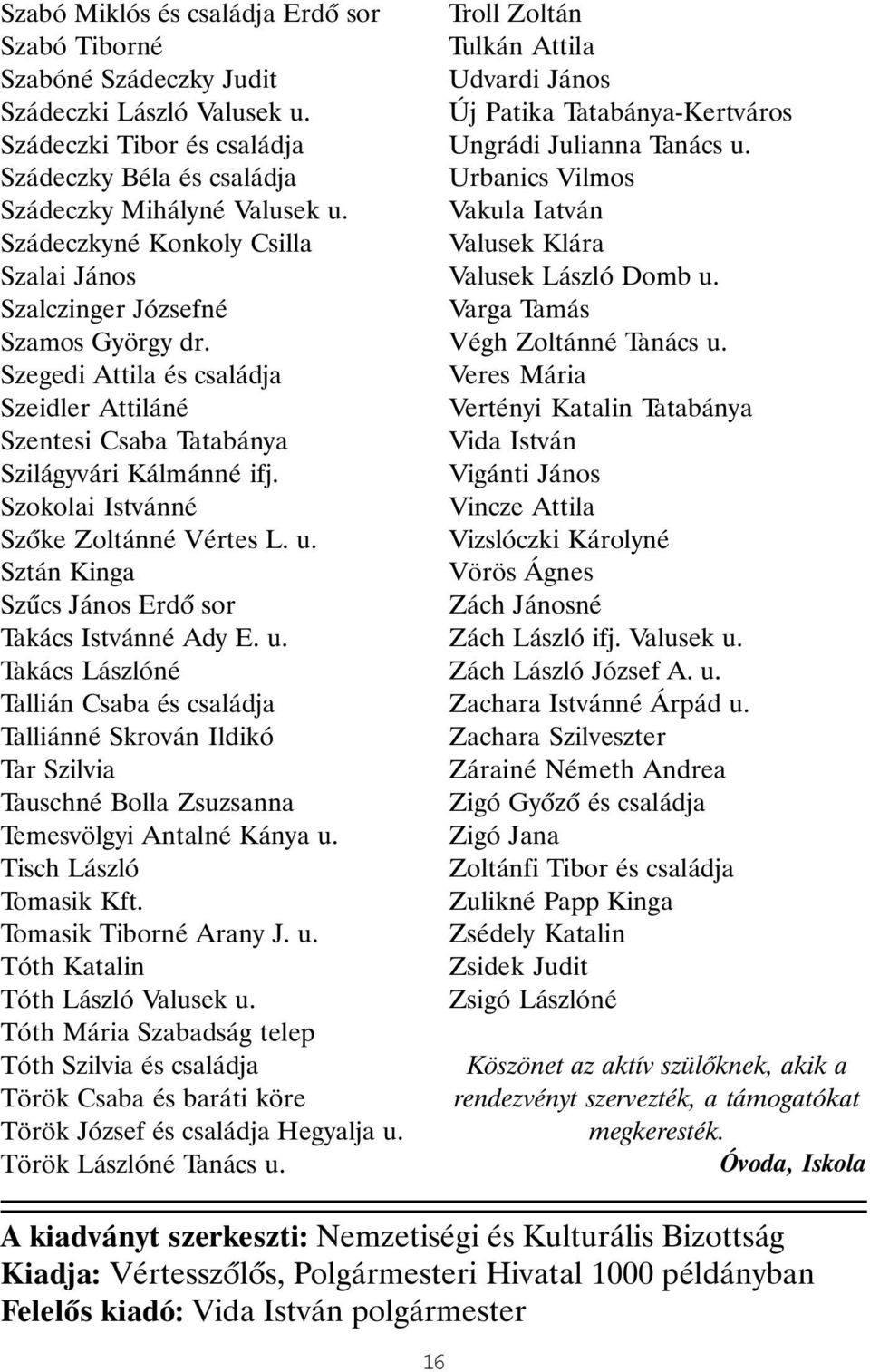 Szokolai Istvánné Szõke Zoltánné Vértes L. u. Sztán Kinga Szûcs János Erdõ sor Takács Istvánné Ady E. u. Takács Lászlóné Tallián Csaba és családja Talliánné Skrován Ildikó Tar Szilvia Tauschné Bolla Zsuzsanna Temesvölgyi Antalné Kánya u.