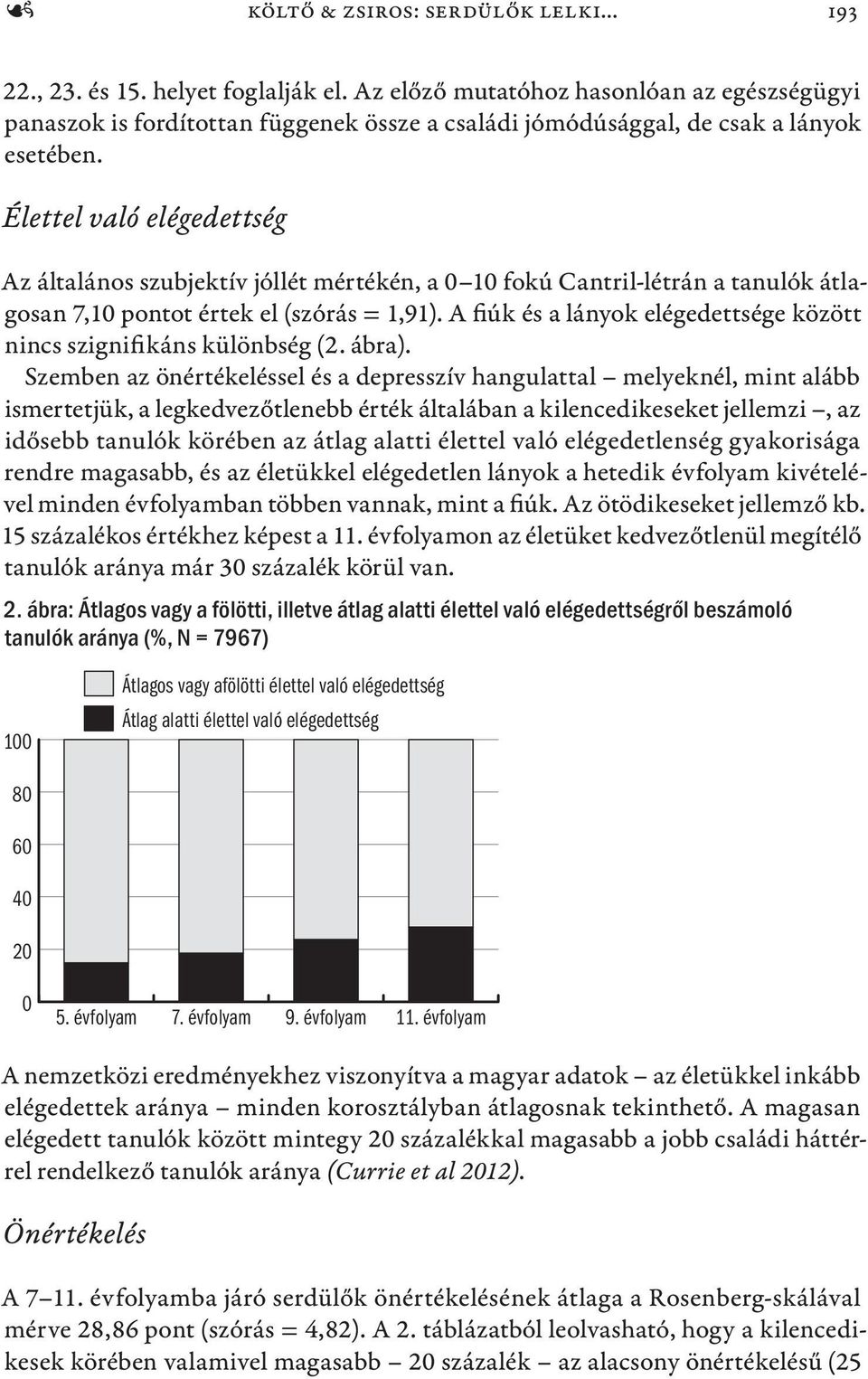 Élettel való elégedettség Az általános szubjektív jóllét mértékén, a 0 10 fokú Cantril-létrán a tanulók átlagosan 7,10 pontot értek el (szórás = 1,91).