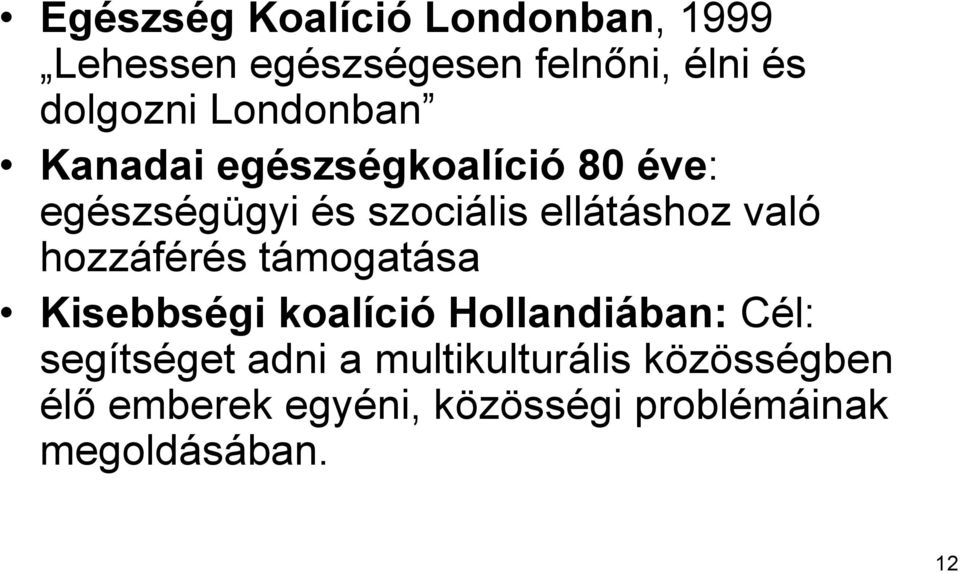 való hozzáférés támogatása Kisebbségi koalíció Hollandiában: Cél: segítséget adni a