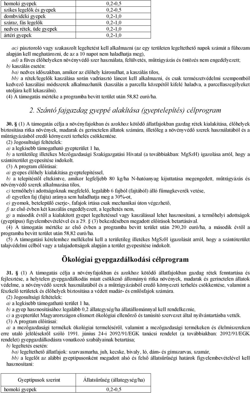 felülvetés, műtrágyázás és öntözés nem engedélyezett; b) kaszálás esetén: ba) nedves időszakban, amikor az élőhely károsulhat, a kaszálás tilos, bb) a rétek/legelők kaszálása során vadriasztó láncot