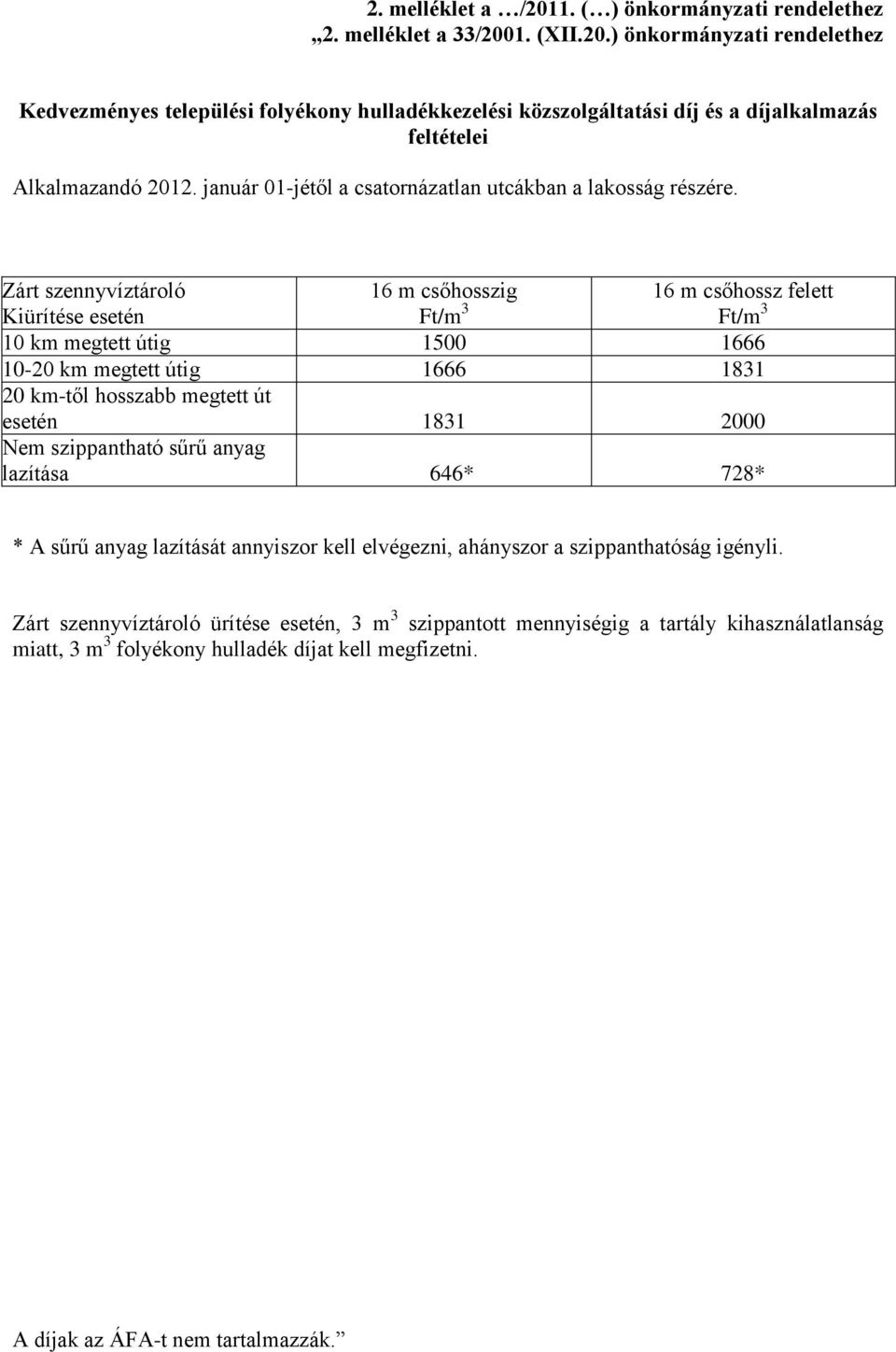 Zárt szennyvíztároló Kiürítése esetén 16 m csőhosszig Ft/m 3 16 m csőhossz felett Ft/m 3 10 km megtett útig 1500 1666 10-20 km megtett útig 1666 1831 20 km-től hosszabb megtett út esetén 1831 2000