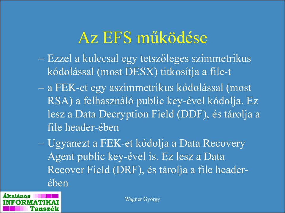 Ez lesz a Data Decryption Field (DDF), és tárolja a file header-ében Ugyanezt a FEK-et kódolja a