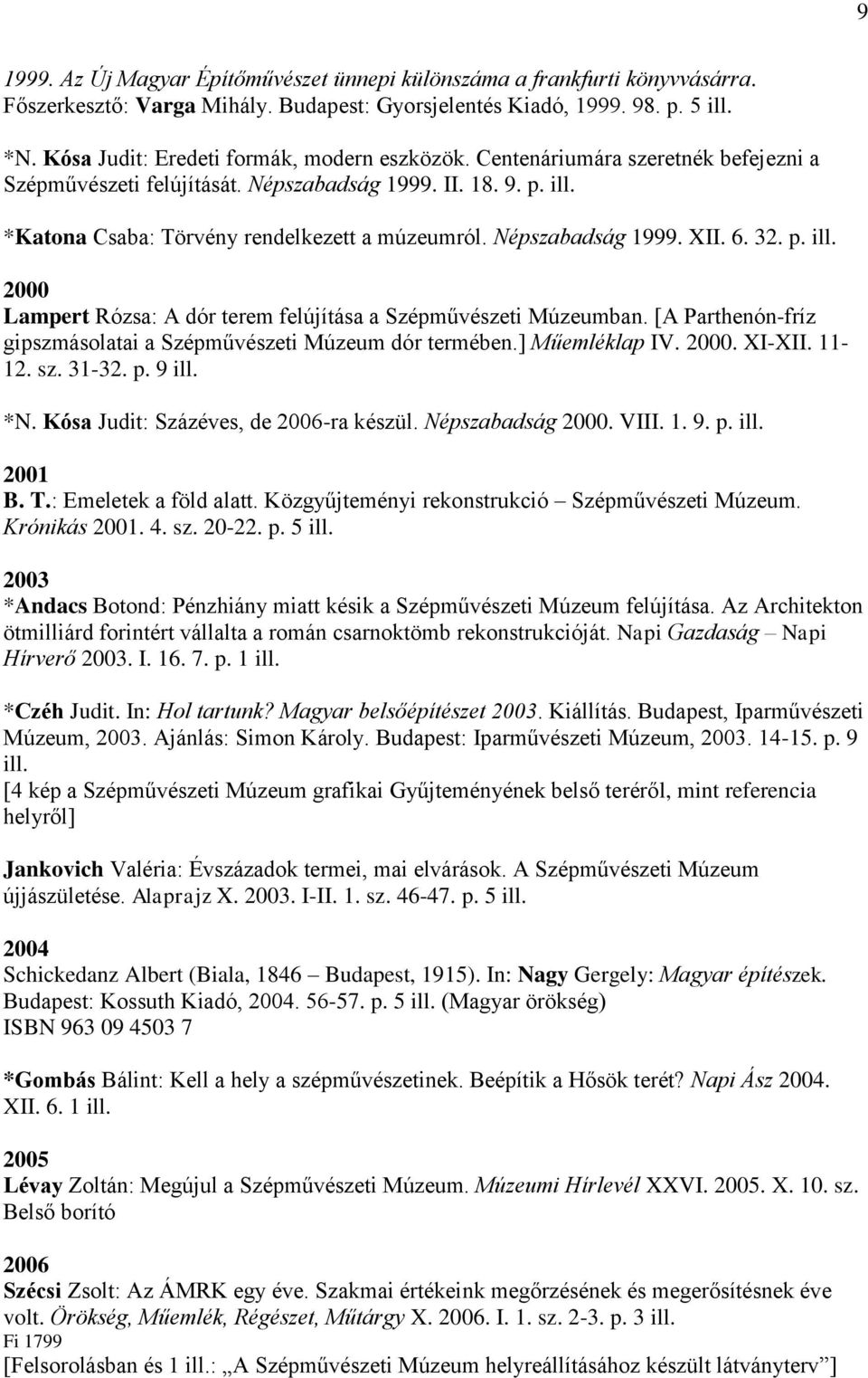 Népszabadság 1999. XII. 6. 32. p. ill. 2000 Lampert Rózsa: A dór terem felújítása a Szépművészeti Múzeumban. [A Parthenón-fríz gipszmásolatai a Szépművészeti Múzeum dór termében.] Műemléklap IV. 2000. XI-XII.