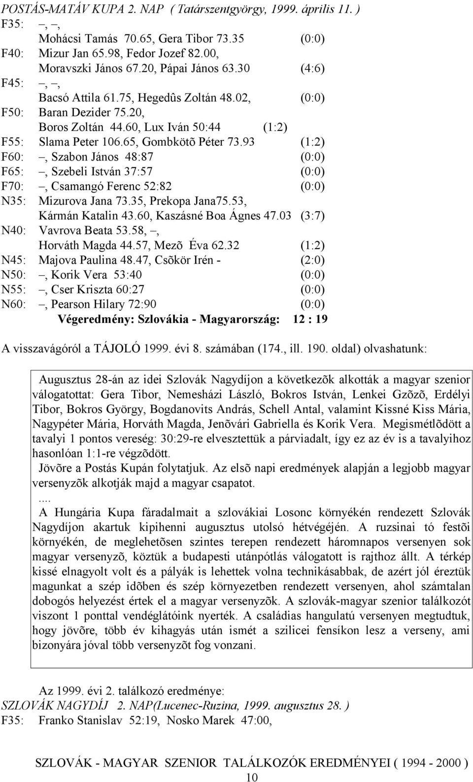 93 (1:2) F60:, Szabon János 48:87 (0:0) F65:, Szebeli István 37:57 (0:0) F70:, Csamangó Ferenc 52:82 (0:0) N35: Mizurova Jana 73.35, Prekopa Jana75.53, Kármán Katalin 43.60, Kaszásné Boa Ágnes 47.