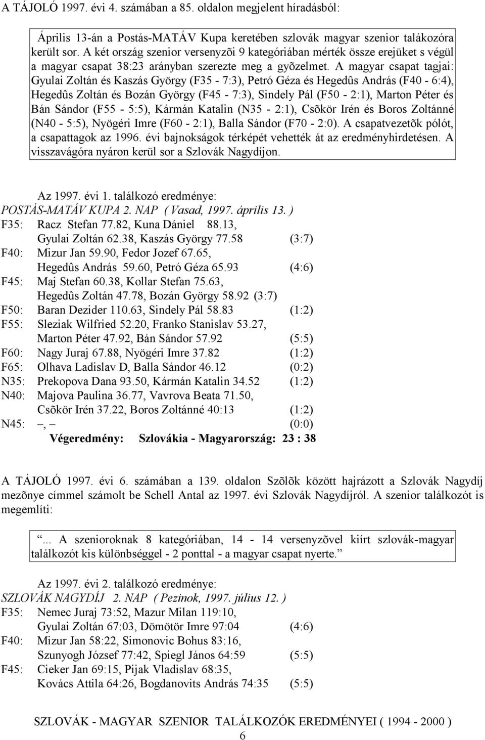 A magyar csapat tagjai: Gyulai Zoltán és Kaszás György (F35-7:3), Petró Géza és Hegedûs András (F40-6:4), Hegedûs Zoltán és Bozán György (F45-7:3), Sindely Pál (F50-2:1), Marton Péter és Bán Sándor