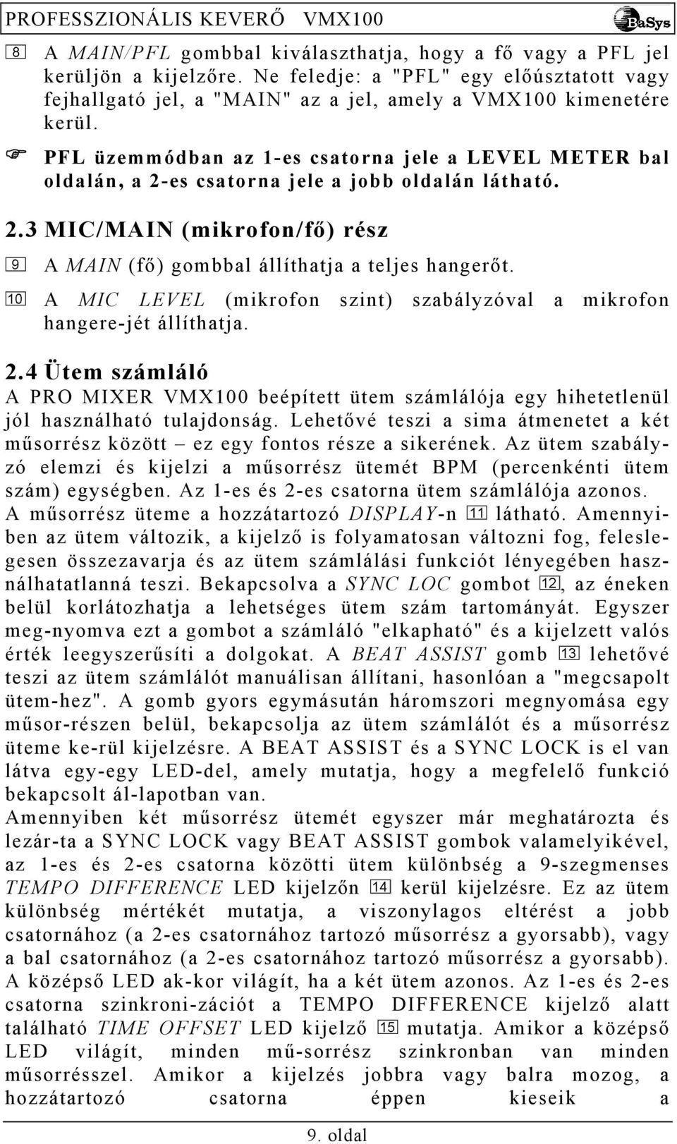 A MIC LEVEL (mikrofon szint) szabályzóval a mikrofon hangere-jét állíthatja. 2.4 Ütem számláló A PRO MIXER VMX100 beépített ütem számlálója egy hihetetlenül jól használható tulajdonság.