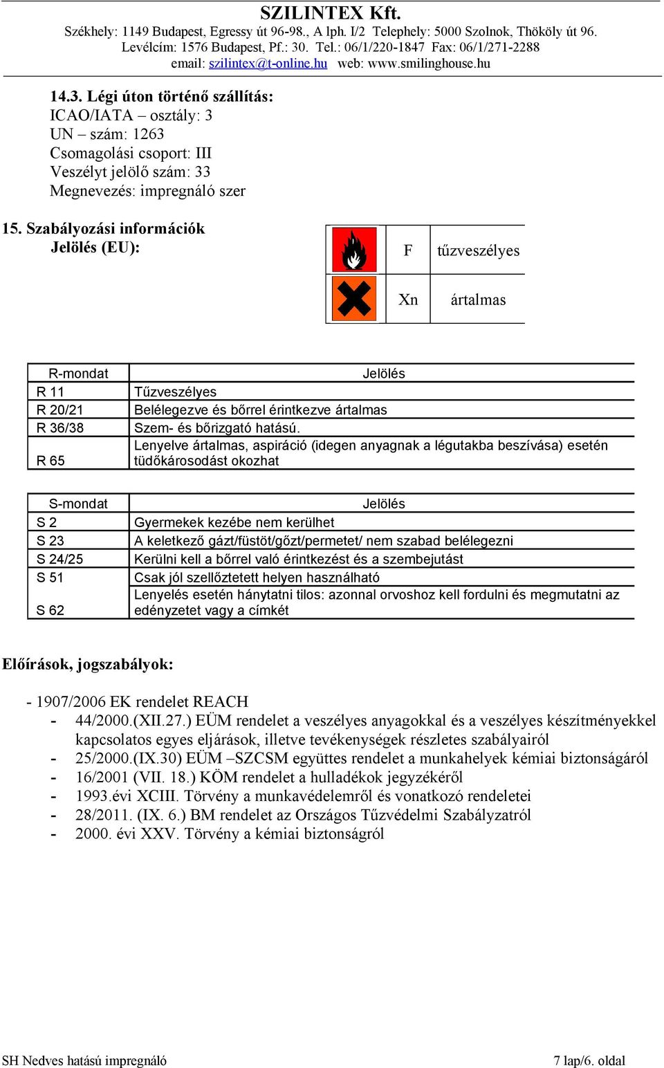 Lenyelve ártalmas, aspiráció (idegen anyagnak a légutakba beszívása) esetén tüdőkárosodást okozhat S-mondat S 2 S 23 S 24/25 S 51 S 62 Gyermekek kezébe nem kerülhet A keletkező