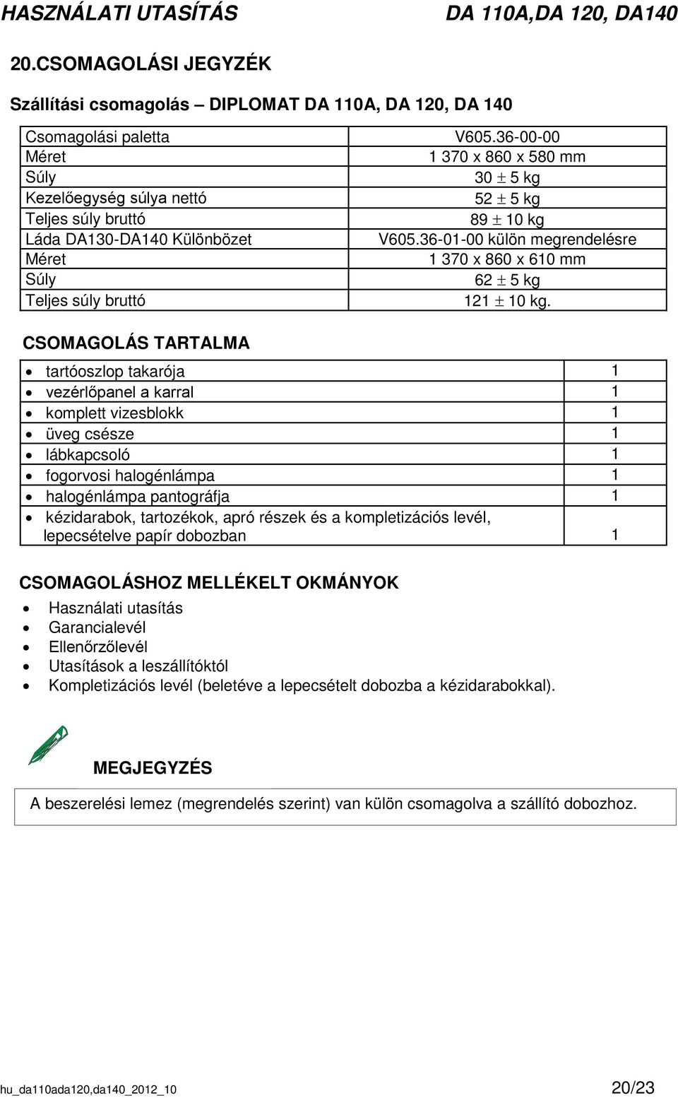 CSOMAGOLÁS TARTALMA tartóoszlop takarója 1 vezérlőpanel a karral 1 komplett vizesblokk 1 üveg csésze 1 lábkapcsoló 1 fogorvosi halogénlámpa 1 halogénlámpa pantográfja 1 kézidarabok, tartozékok, apró