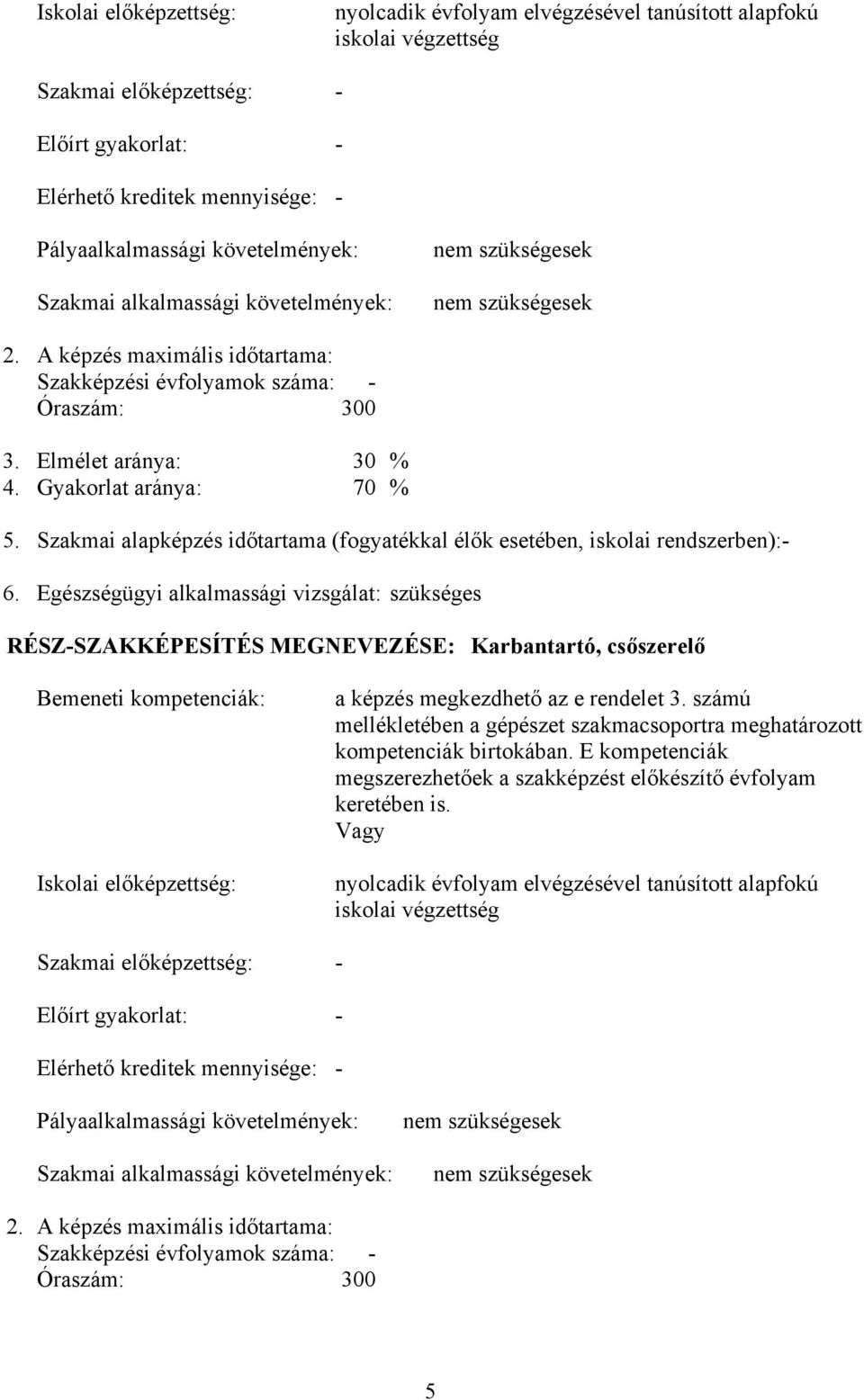 Gyakorlat aránya: 70 % 5. Szakmai alapképzés időtartama (fogyatékkal élők esetében, iskolai rendszerben):- 6.