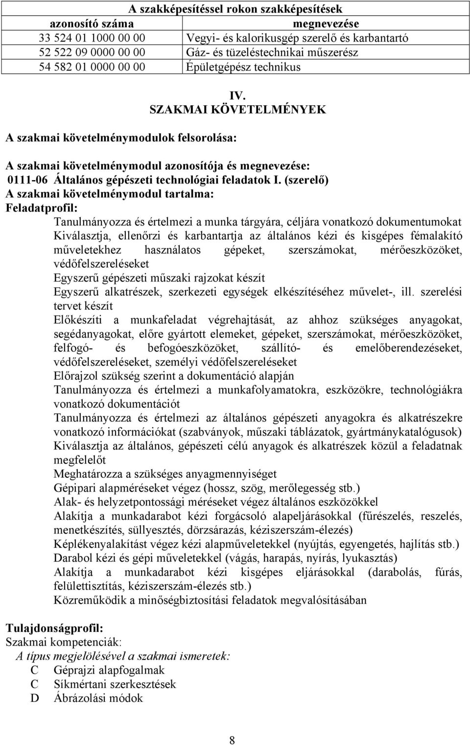 SZKMI KÖVETELMÉNYEK szakmai követelménymodul azonosítója és megnevezése: 0111-06 Általános gépészeti technológiai feladatok I.