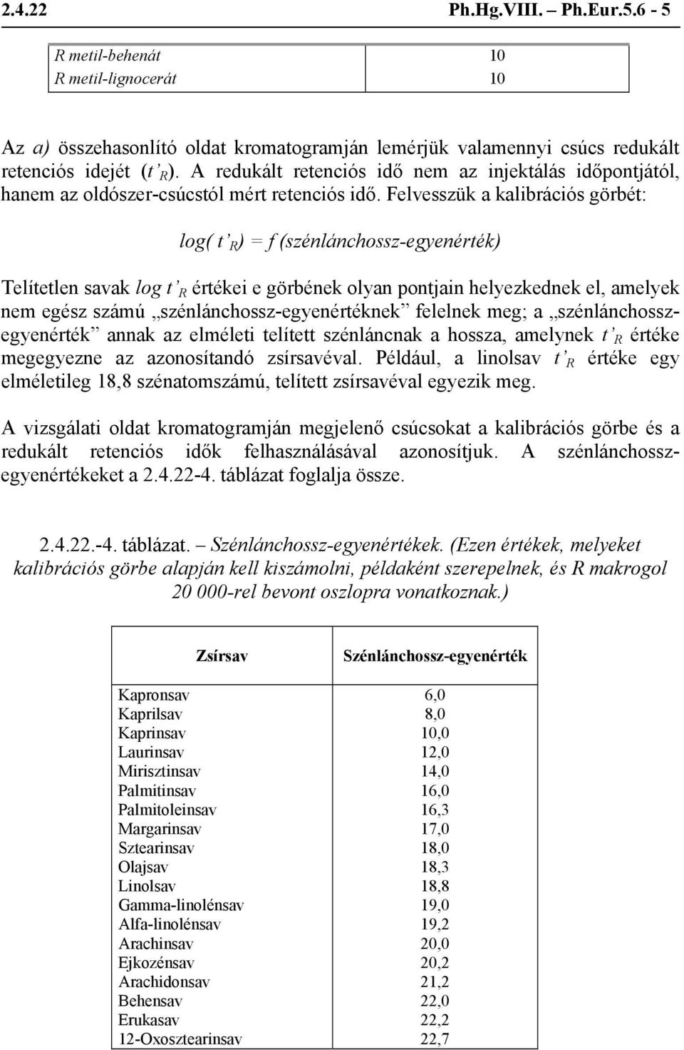 Felvesszük a kalibrációs görbét: log( t R ) = f (szénlánchossz-egyenérték) Telítetlen savak log t R értékei e görbének olyan pontjain helyezkednek el, amelyek nem egész számú