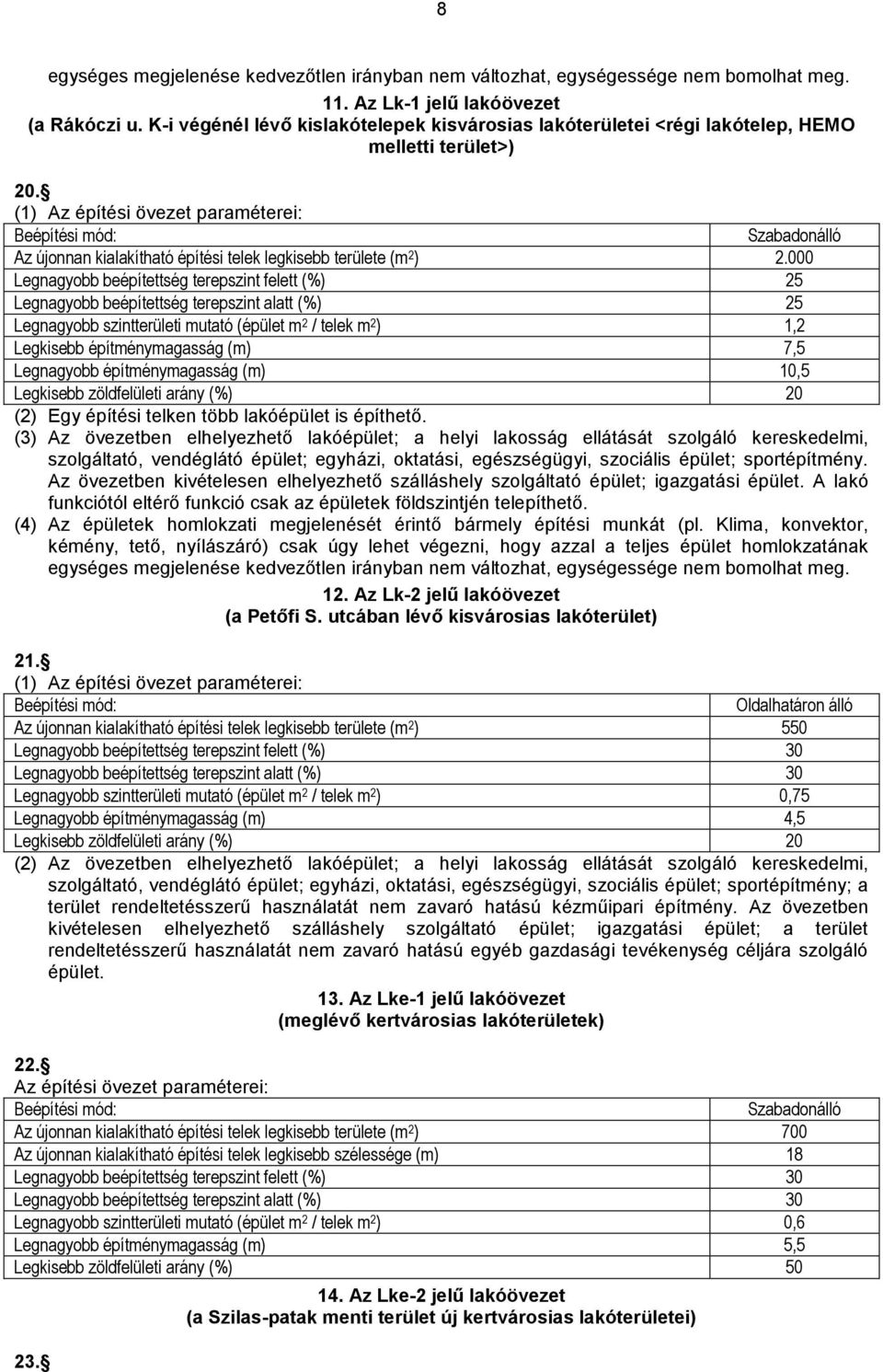 000 Legnagyobb beépítettség terepszint felett (%) 25 Legnagyobb beépítettség terepszint alatt (%) 25 Legnagyobb szintterületi mutató (épület m 2 / telek m 2 ) 1,2 Legkisebb építménymagasság (m) 7,5