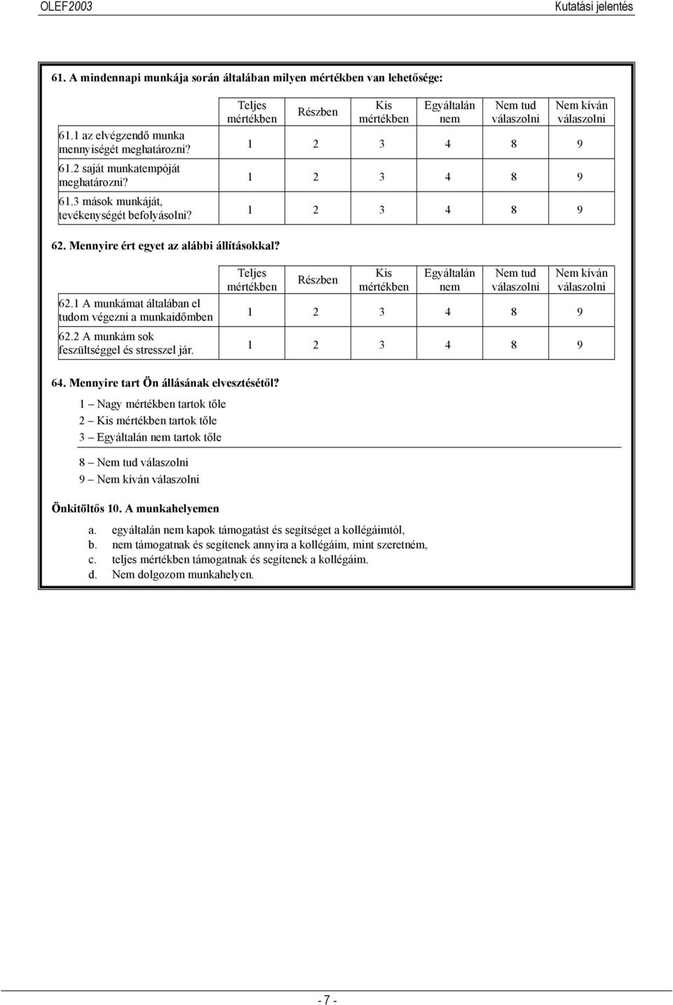 2 A munkám sok feszültséggel és stresszel jár. Teljes mértékben Részben Kis mértékben Egyáltalán nem Nem tud válaszolni Nem kíván válaszolni 1 2 3 4 8 9 1 2 3 4 8 9 64.