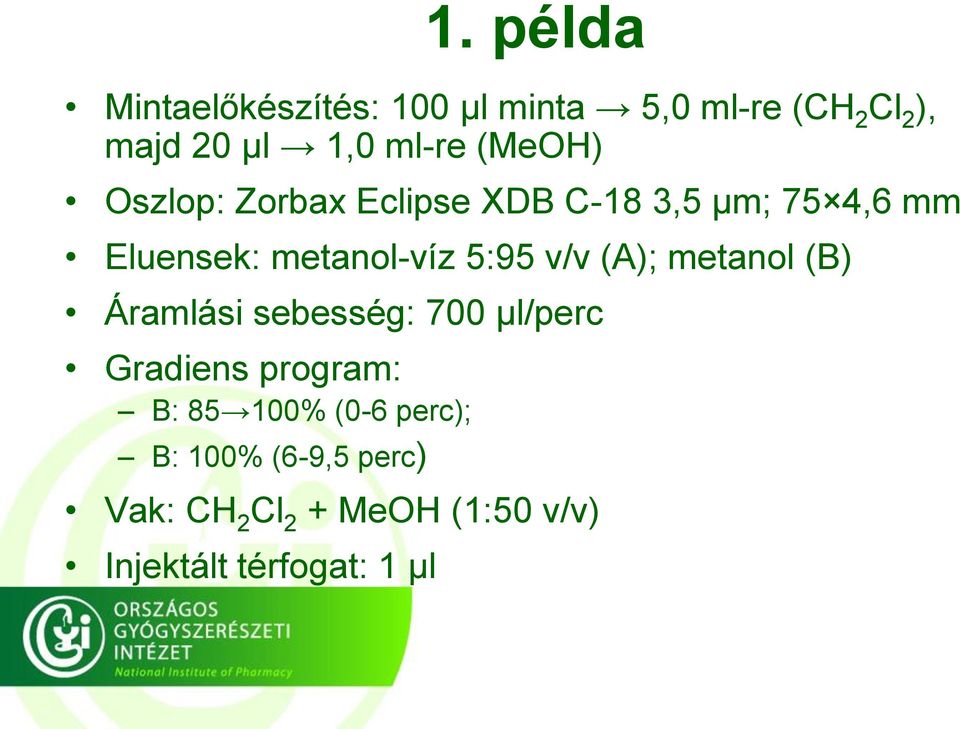 v/v (A); metanol (B) Áramlási sebesség: 700 µl/perc Gradiens program: B: 85 100%
