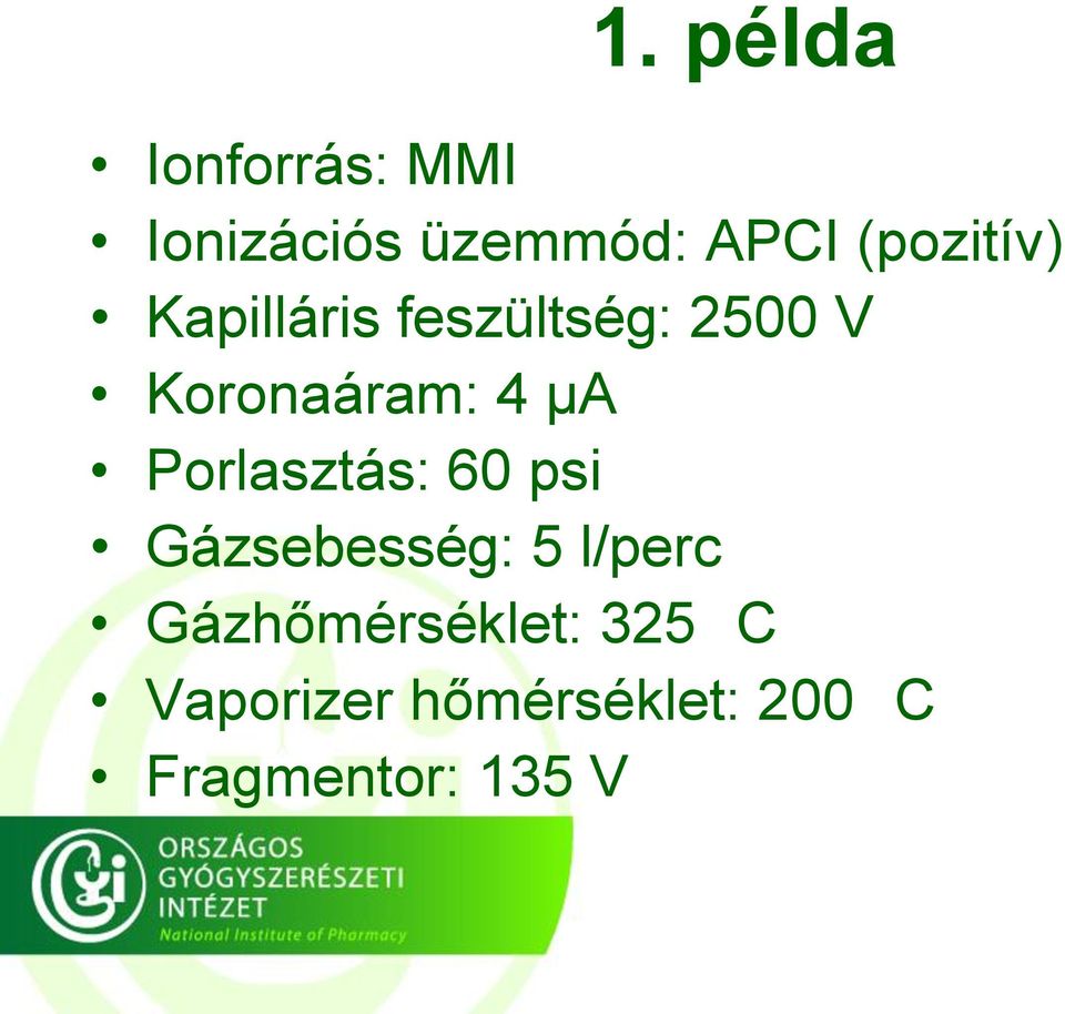 µa Porlasztás: 60 psi Gázsebesség: 5 l/perc