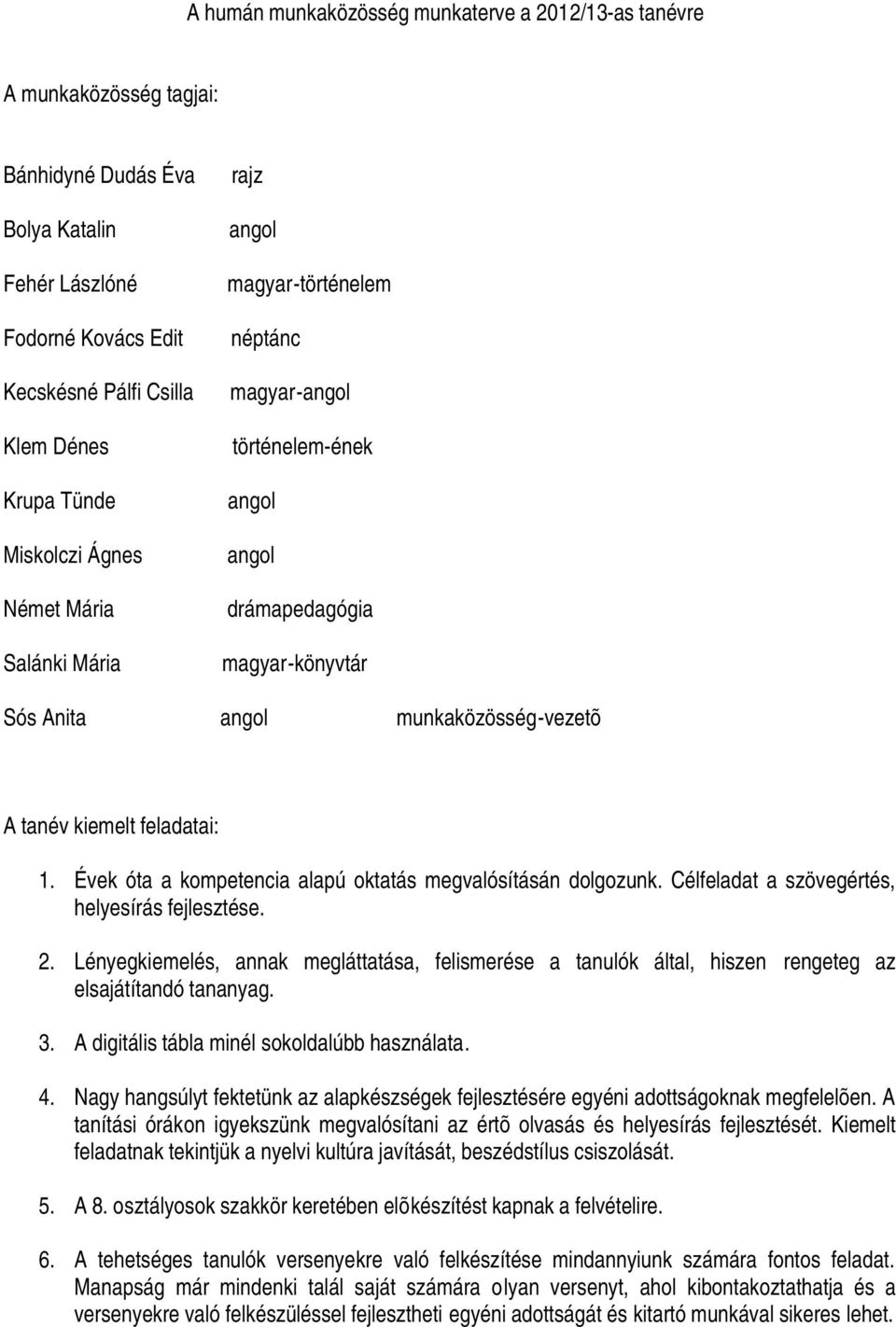 kiemelt feladatai: 1. Évek óta a kompetencia alapú oktatás megvalósításán dolgozunk. Célfeladat a szövegértés, helyesírás fejlesztése. 2.