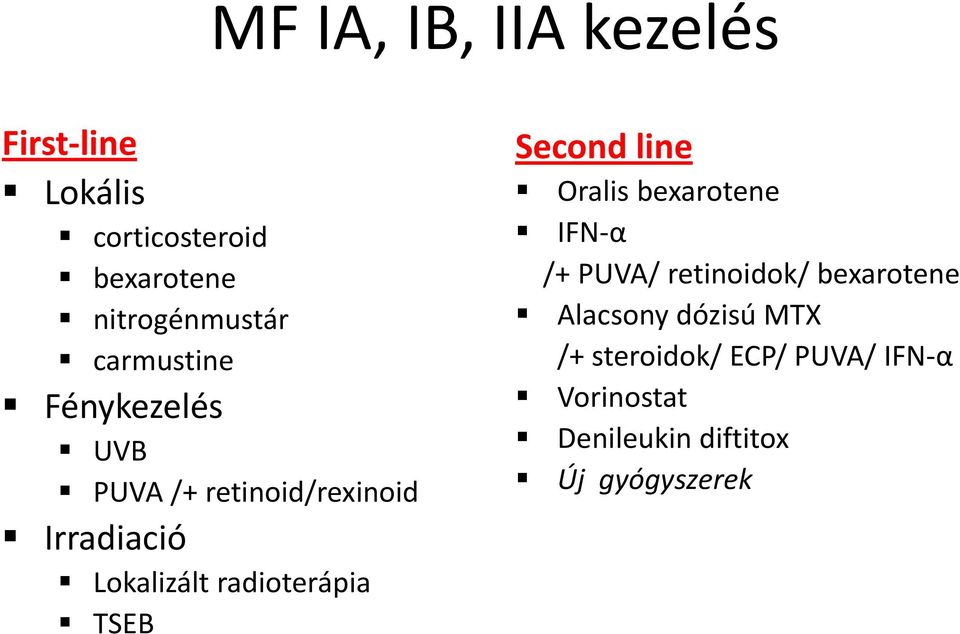 radioterápia TSEB Second line Oralis bexarotene IFN-α /+ PUVA/ retinoidok/