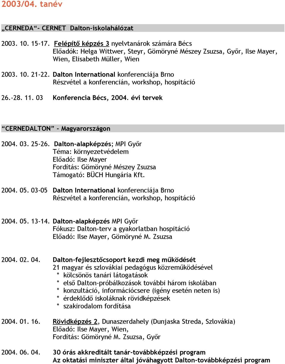 Dalton International konferenciája Brno 26.-28. 11. 03 Konferencia Bécs, 2004. évi tervek CERNEDALTON - Magyarországon 2004. 03. 25-26.