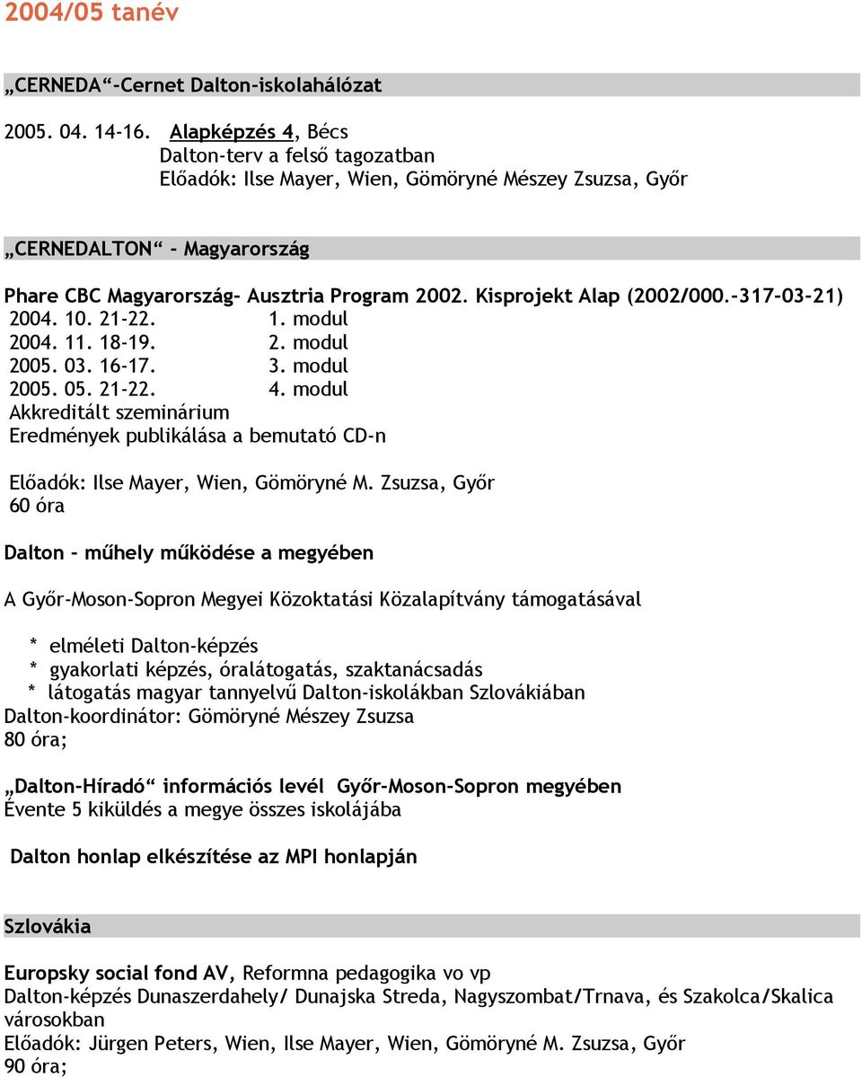 Kisprojekt Alap (2002/000.-317-03-21) 2004. 10. 21-22. 1. modul 2004. 11. 18-19. 2. modul 2005. 03. 16-17. 3. modul 2005. 05. 21-22. 4.