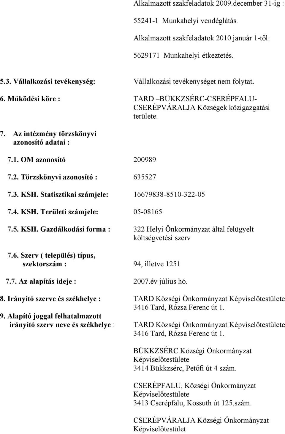 3. KSH. Statisztikai számjele: 16679838-8510-322-05 7.4. KSH. Területi számjele: 05-08165 7.5. KSH. Gazdálkodási forma : 322 Helyi Önkormányzat által felügyelt költségvetési szerv 7.6. Szerv ( település) típus, szektorszám : 94, illetve 1251 7.