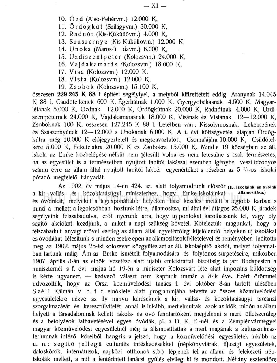 245 K 88 f épitési segéíylyel, a melyből kifizettetett eddig Aranynak 14.045 K 88 f, Csüdőtelkének 600 K, Égerhátnak 1.000 K, Gyergyóbékásnak 4.500 K, Magyarlétának 5.000 K, Ózdnak 12.