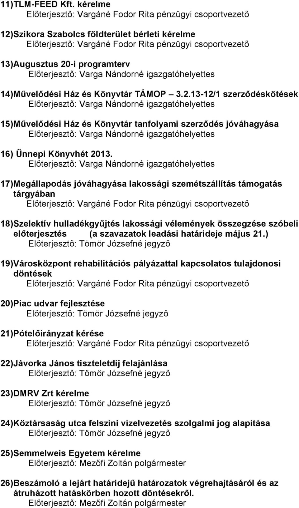 21.) 19) Városközpont rehabilitációs pályázattal kapcsolatos tulajdonosi döntések 20) Piac udvar fejlesztése 21) Pótelőirányzat kérése 22) Jávorka János tiszteletdíj felajánlása 23) DMRV Zrt kérelme