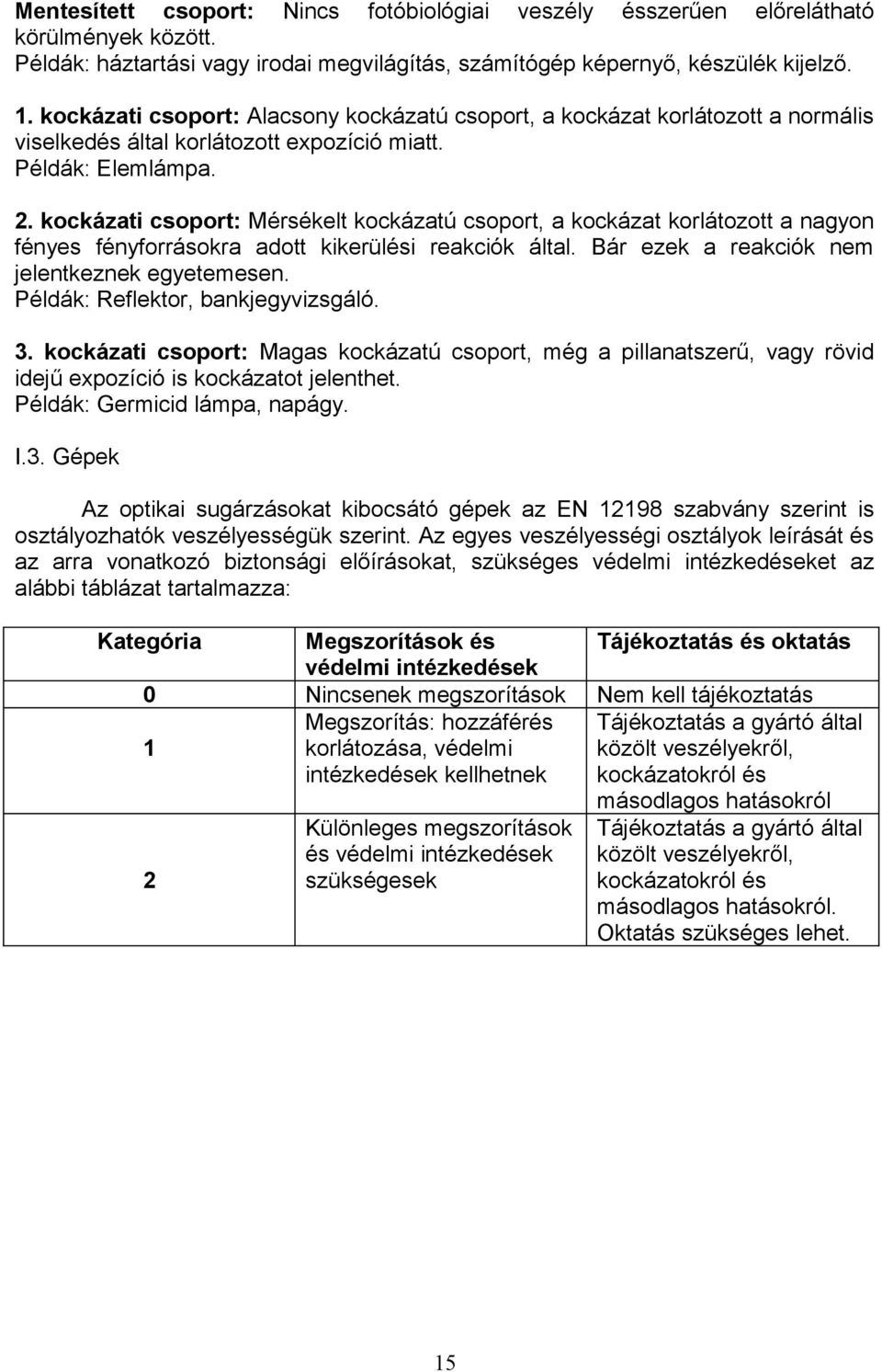 kockázati csoport: Mérsékelt kockázatú csoport, a kockázat korlátozott a nagyon fényes fényforrásokra adott kikerülési reakciók által. Bár ezek a reakciók nem jelentkeznek egyetemesen.