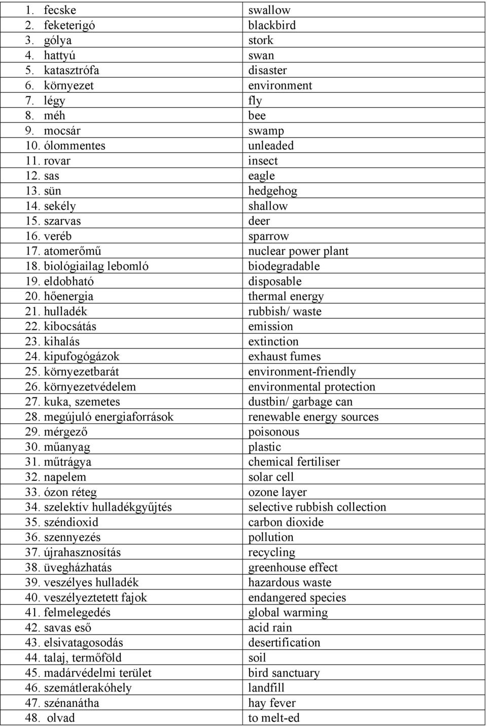 hőenergia thermal energy 21. hulladék rubbish/ waste 22. kibocsátás emission 23. kihalás extinction 24. kipufogógázok exhaust fumes 25. környezetbarát environment-friendly 26.