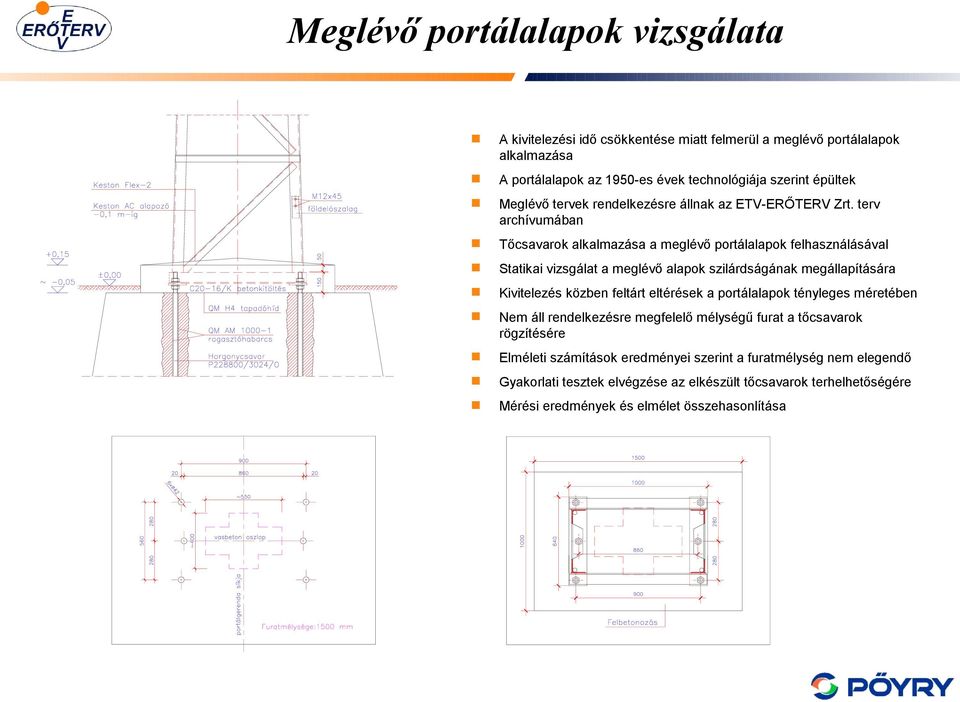 terv arcívumában Tőcsavarok alkalmazása a meglévő portálalapok felasználásával Statikai vizsgálat a meglévő alapok szilárdságának megállapítására Kivitelezés közben feltárt