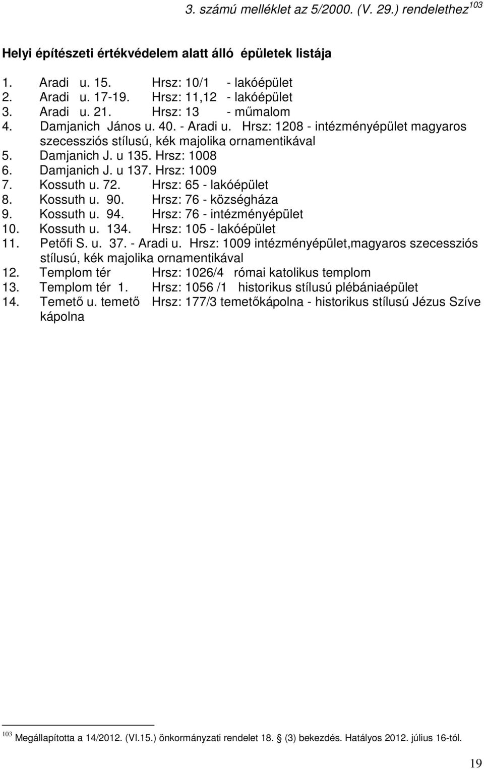 Damjanich J. u 137. Hrsz: 1009 7. Kossuth u. 72. Hrsz: 65 - lakóépület 8. Kossuth u. 90. Hrsz: 76 - községháza 9. Kossuth u. 94. Hrsz: 76 - intézményépület 10. Kossuth u. 134.